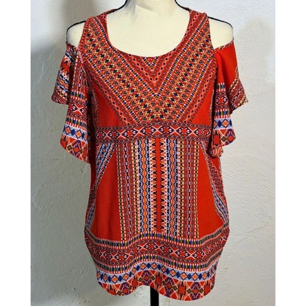 by & by Red Orange Aztec Print Cold Shoulder Top Size S Boho Flutter Sleeve